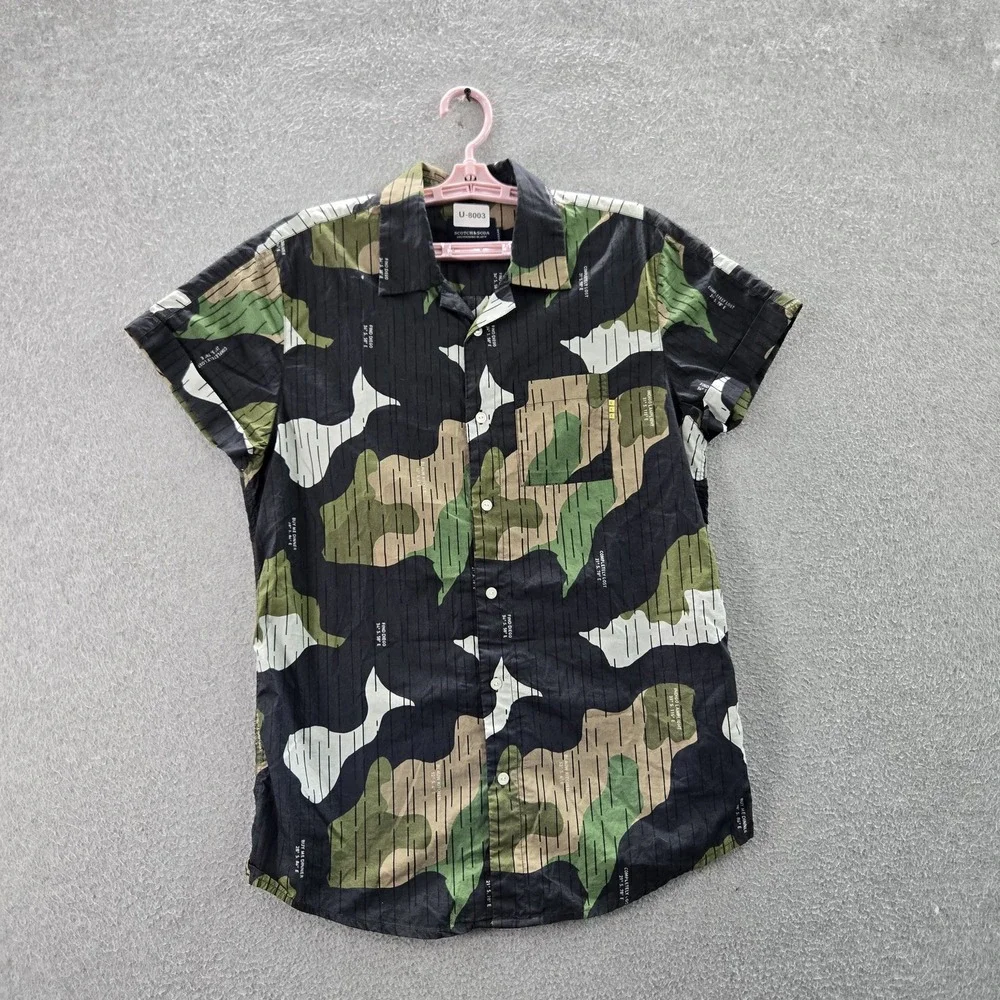 Scotch & Soda Men Button Up M Shirt Green Camouflage Gorpcore‎ Short Sleeve
